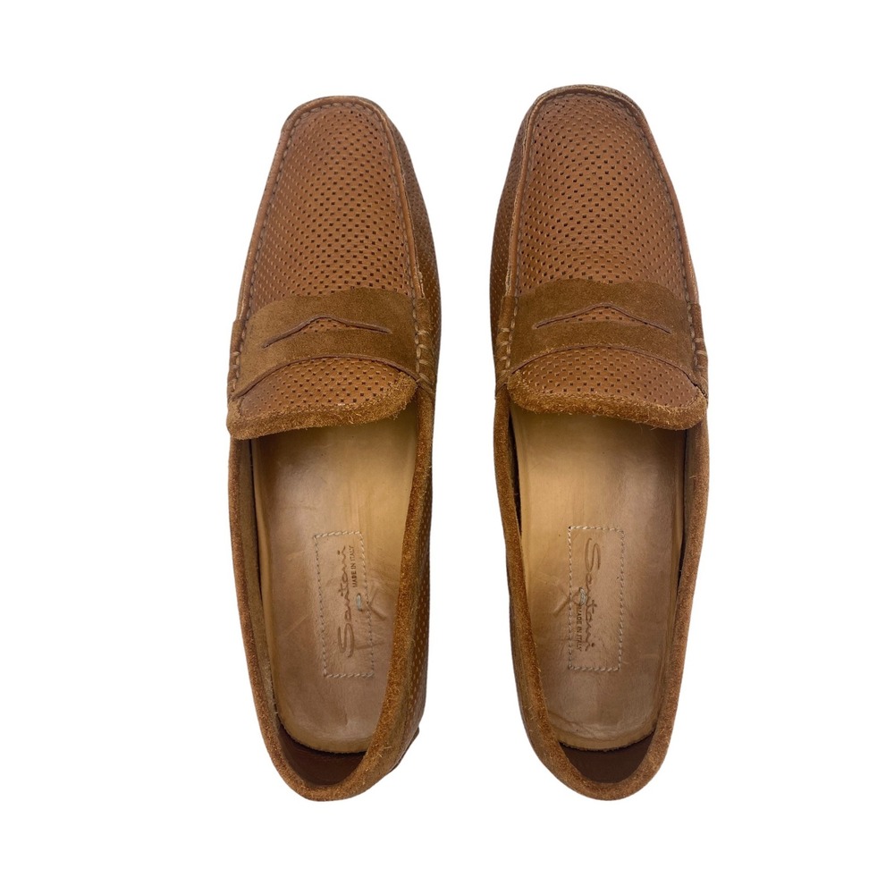 Santoni Tanton Brown Perforated Leather Suede Driving Loafers Mens 9 UK 10 US